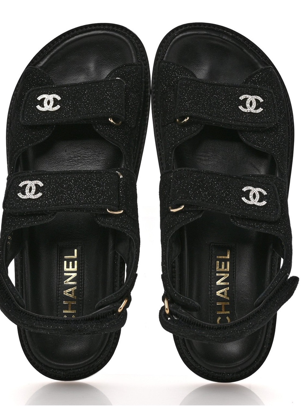 CHANEL Black Glitter CC-Strap Sandals, 39